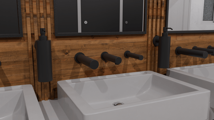 Basin close up - with matt back taps _ wooden back splash 2