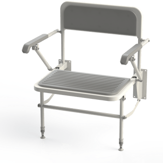 Wall mounted extra wide shower seat, back, arms, legs, padded, white frame