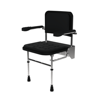 Premium wall mounted shower seat, legs, back, arms, polished aluminium frame