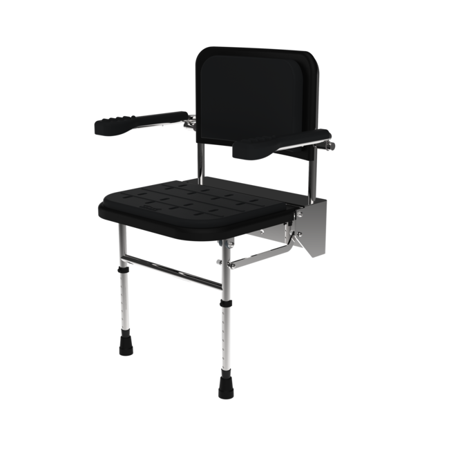 Premium wall mounted shower seat, legs, back, arms, polished aluminium frame