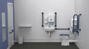 Low level accessible toilet pack, central tap hole basin, steel, exposed fixings, Dark blue (RAL 5011)