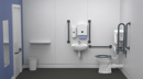 Low level accessible toilet pack, central tap hole basin, steel, exposed fixings