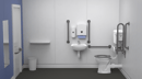 Low level accessible toilet pack, central tap hole basin, steel, exposed fixings, Grey (RAL 7005)