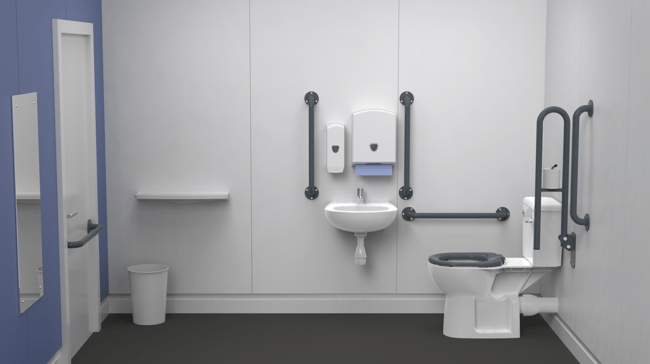 Rimless close coupled accessible toilet pack, central tap hole basin, steel, exposed fixings