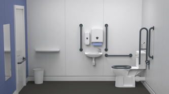 Rimless close coupled Doc M toilet pack, lockable cistern lid, steel, concealed fixings