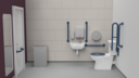 Premium rimless left handed close coupled Doc M toilet pack, lockable cistern lid, stainless steel, concealed fixings, Dark blue (RAL 5011)