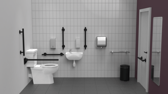 Premium rimless left handed luxury close coupled Doc M toilet pack, lockable cistern lid