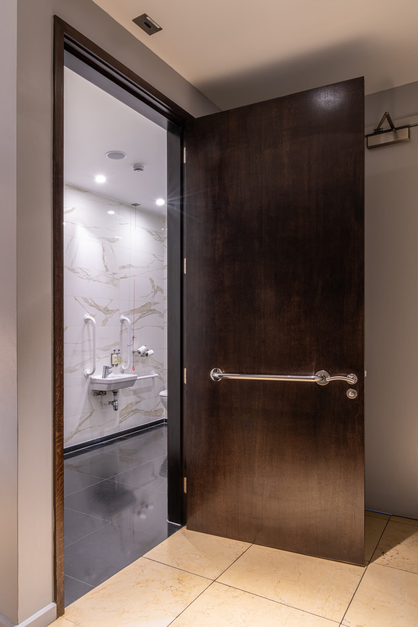 A disabled toilet with matt white grab rails on either side of wash basin and a stainless steel grab rail mounted to bathroom door.