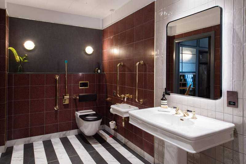 A modern accessible bathroom with solid brass products next to the toilet and wash basin.