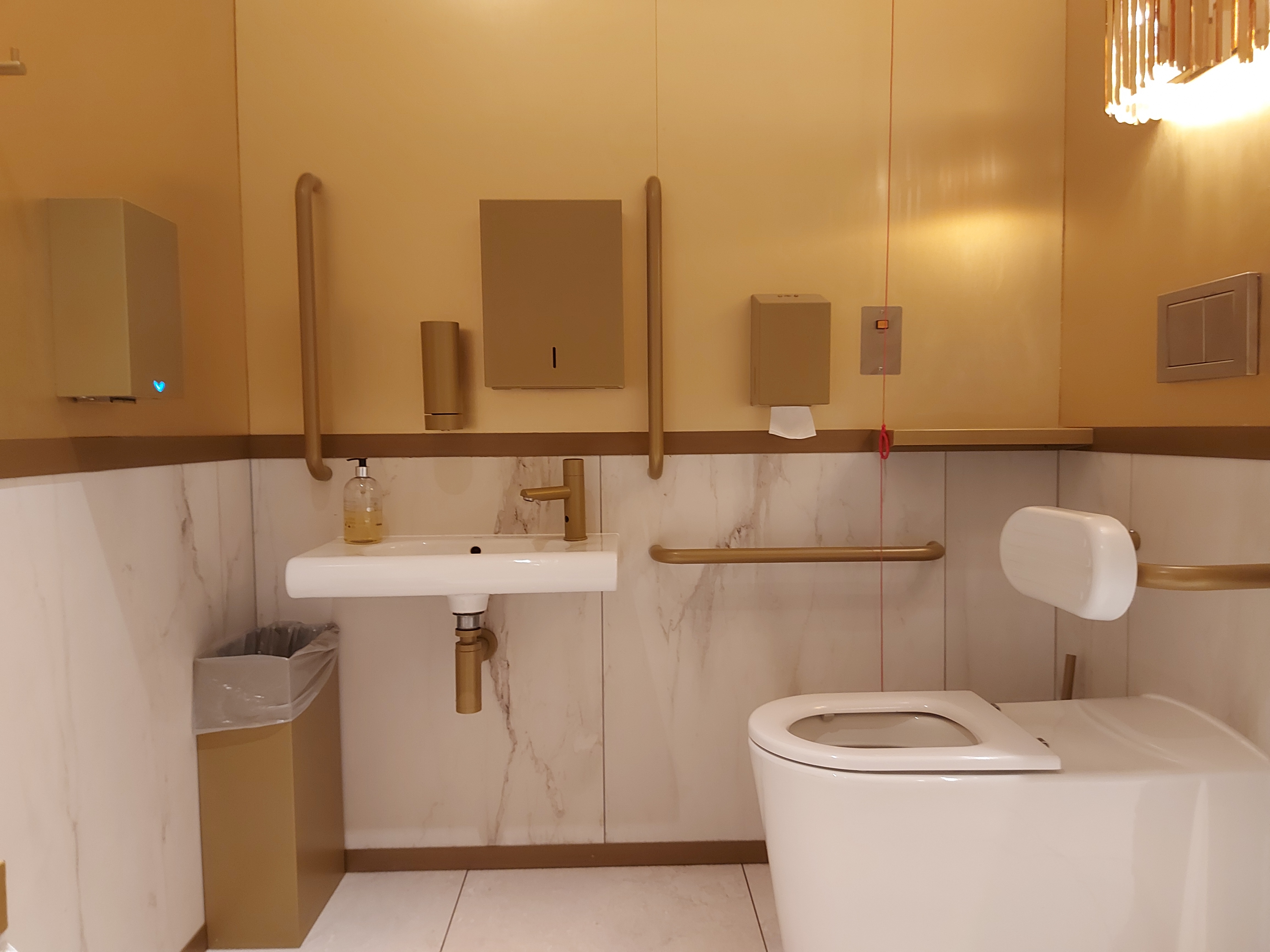 Modern, simplistic accessible toilet in white, with marble tiles and solid brass accessories. Toilet Backrest is padded in white.