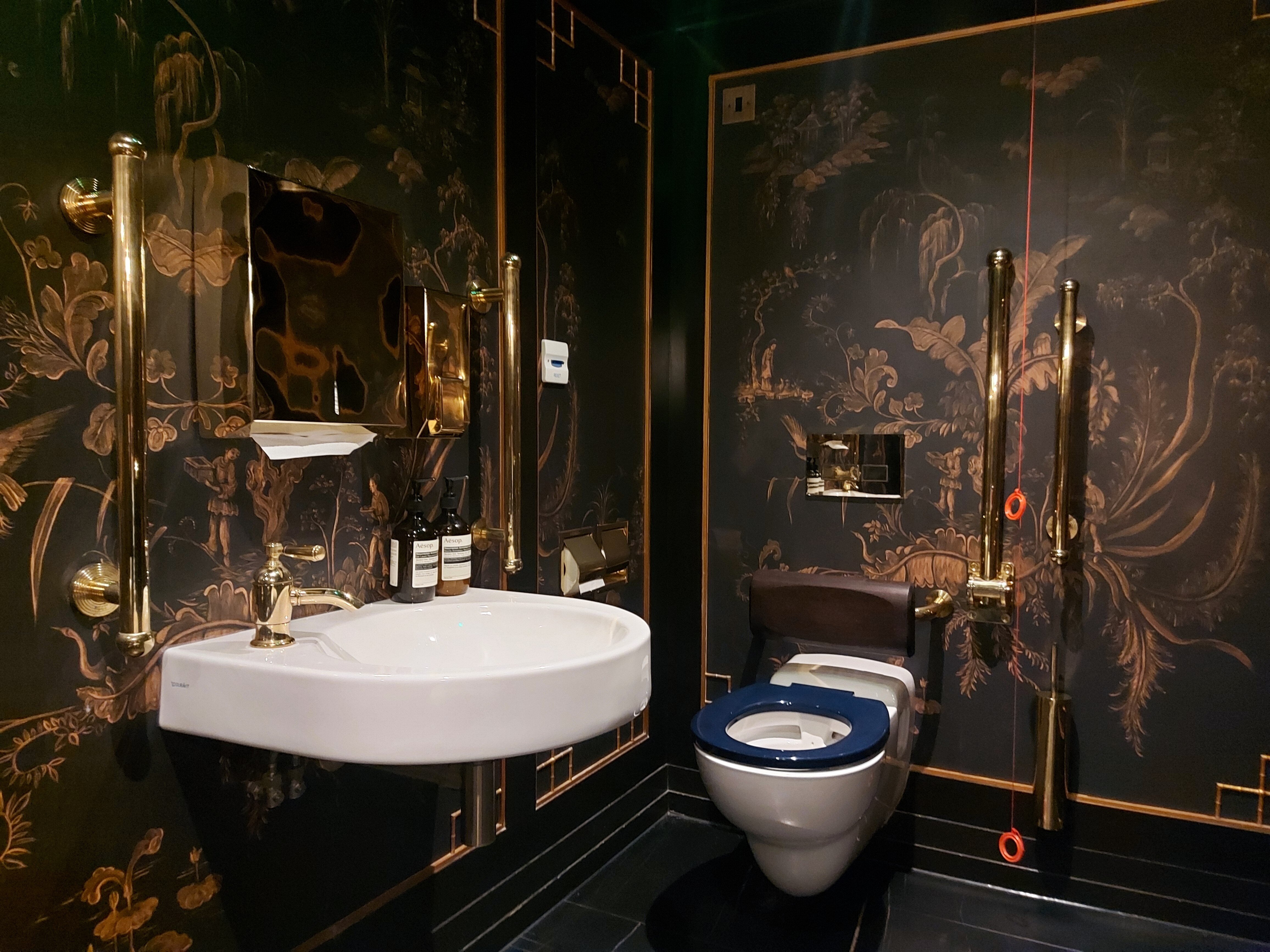 A high-end luxury accessible toilet with basin, surrounded by solid brass grab rails, a hinged support rail and a brown leather back rest.  Wallpaper is black and gold 